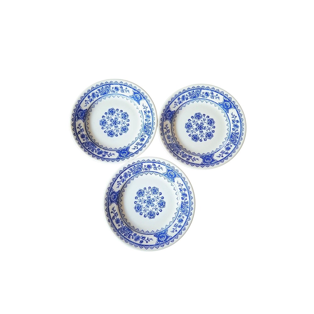 Vintage Blue & White Floral 6.5” Dessert Plates - Set of 3 USA Pottery